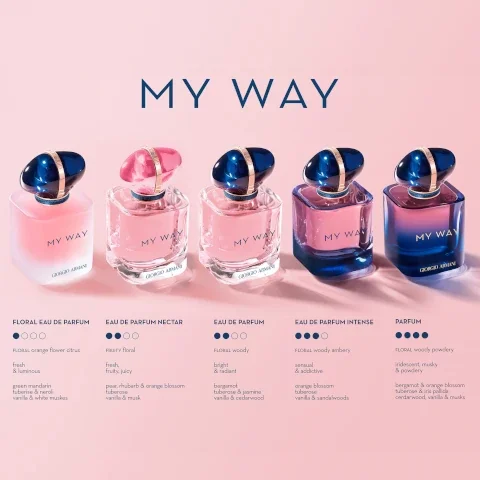 my way. floral eau de parfum - floral orange flower citrus, fresh and luminous, green mandarin, tuberose and neroli, vanilla and white musks. eau de parfum nectar - fruity floral. fresh, fruity, juicy. pear, rhubarb and orange blossom, tuberose, vanilla and musk. eau de parfum - floral and woody. bright and radiant. bergamot, tuberose and jasmine, vanilla and cedarwood. eau de parfum intense - floral, woody and ambery. sensual and addictive. orange blossom, tuberose, vanilla and sandalwood. parfum - floral woody and powdery. iridescent, musky and powdery. bergamot and orange blossom, tuberise and iris palida, cedarwood, vanilla and musks