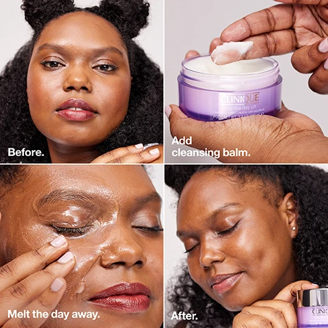 Image 1, before, add cleansing balm, melt the day away, after. image 2, safflower seed oil helps dissolve makeup and leave skin feeling soft. image 3, find the right formula for you. take the day off cleansing balm - key benefits = melts away long wearing makeup and sunscreen. texture = balm to oil. key elements = safflower seed oil. skin type = all. take the day of charcoal cleansing balm - key benefits = dissolves long wearing makeup, sunscreen and excess oil plus detoxifies. texture = balm to oil. key elements = japanese charcoal, safflower seed oil. skin type = dry combination to oily. take the day off makeup remover for lids, lashes and lips - key benefits = removes even waterproof mascara. texture = liquid. key elements = bi-phase formula. skin type = all.