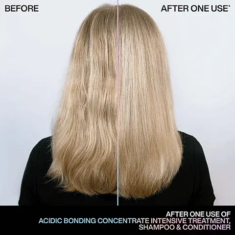 Before. After One Use. After one use of Acidic Bonding Concentrate Intensive Treatment, Shampoo and Conditioner. Bond strengthening conditioner, 14x smoother, 2x stronger, 90% more conditioned, stronger hair immediate results, with continued use, with use of Acidic Bonding Concentrate Intensive Treatment, Shampoo and Conditioner vs. non-conditioning shampoo. For all types of damaged hair 1. pre-shampoo 2. shampoo 3. conditioner 4. leave-in. Before, After one use of Acidic Bonding Concentrate Shampoo, Conditioner and Leave-in treatment.