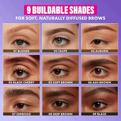 Image 1, 9 BUILDABLE SHADES FOR SOFT, NATURALLY DIFFUSED BROWS 01 BLONDE 02 TAUPE 03 AUBURN 04 BLACK CHERRY 05 SOFT BROWN 06 ASH BROWN 07 ESPRESSO 08 DEEP BROWN 09 BLACK Image 2, NYX PROFESSIONAL MAKTUA BEFORE POWDER LOUDER BROW PENCIL NO MAKEUP RETOUCHING BLACK 89 AFTER Image 3, SOFT POWDER FORMULA FOR NATURALLY VOLUMISED BROWS With vegan thickening bamboo micro-fibre *No animal derived ingredients or by products. Image 4, POWDER-POWERED MAKEUP OURCILS Paids Net W 115 UP TO H (12 Natural Finish Buildable Pigments Long Lasting Sharpenable WEAR NYX POWDER LOUDER PROFESSIO Image 5, 01 SPOOLIE 02 LINE 03 FILL 04 BLEND POWDER LOUDER BROU PENCIL