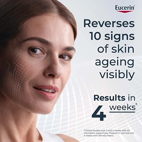 Image 1 - A close-up of a womans face showcasing her healthy skin, with text stating Reverses 10 signs of skin ageing visibly and Results in 4 weeks along with a note about clinical studies.
Image 2 - A close-up of a womans face displaying skin benefits with visible text listing ten benefits: Firmness, Lifting effect, Wrinkle reduction, Fine line reduction, Contours, Hydration, Radiance, Rejuvenation, Evenness, Smoothness.
Image 3 - Image shows a side-by-side comparison of skin before and after using a product, with Before labeled on the left and After on the right; at the top, theres the text Clinically Proven, and at the center, it states Up to -78% wrinkle volume* with a note below about a clinical study.
Image 4 - A close-up image of clear water bubbles with the text Eucerin at the top right corner, and the following text below: With Epicelline® Reactivates silenced youth genes Reverses epigenetic changes Rejuvenates the skin cells Patented Age Clock Technology.
Image 5 - Image shows three separate sections with different skincare ingredients; the first section titled Epicelline® describes reactivating the skins youth genes at the root, the second titled Hyaluronic Acid mentions retaining moisture and penetrating to plump up wrinkles, and the third titled Glycine Saponin states it stimulates the skins own production of Hyaluronic Acid, Collagen and Elastin, with a Eucerin logo in the top right corner.
Image 6 - Image shows three Eucerin skincare products labeled as follows: 1. Hyaluron-Filler Epigenetic Serum, 2. Hyaluron-Filler Day Care, and 3. Hyaluron-Filler Eye Care.
Image 7 - A woman is applying a cream to her cheek, with text on the left stating For all skin types, Light & fast absorbing, Non-sticky & non-greasy, and the brand logo Eucerin at the top.
Image 8 - A hand holding a silver bottle of Eucerin Hyaluon-Filler Epigenetic Serum with the text Apply to face, neck & décolleté on cleansed skin morning & evening.
