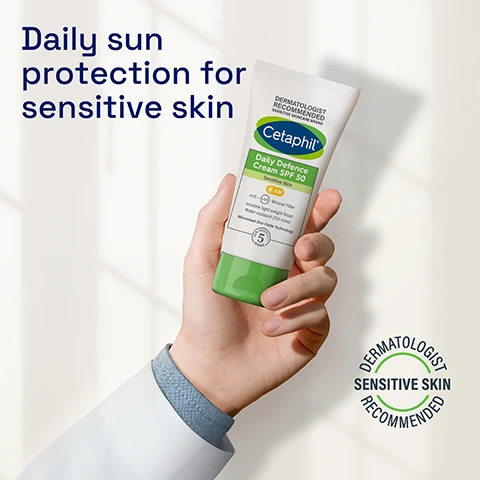 Image 1 - A person holding a tube of Cetaphil Daily Defence Cream SPF 50, with text that reads Daily sun protection for sensitive skin and DERMATOLOGIST RECOMMENDED.
Image 2 - Image showing a skincare routine for normal to dry sensitive skin, featuring three products: a Gentle Skin Cleanser, a Moisturising Lotion, and a Protect with SPF cream, with the steps labeled as CLEANSE, MOISTURISE, and PROTECT.
Image 3 - A hand holds a tube of Cetaphil Daily Defence moisturizer, and product text indicates DERMATOLOGIST RECOMMENDED and Suitable for all skin types.
Image 4 - A Cetaphil Daily Defence Cream SPF 50 tube is placed on a white tiled surface next to a round mirror, with text indicating it defends against dryness, irritation, roughness, tightness, and weakened skin barrier, and highlights Skin Sensitivity 5 Signs.