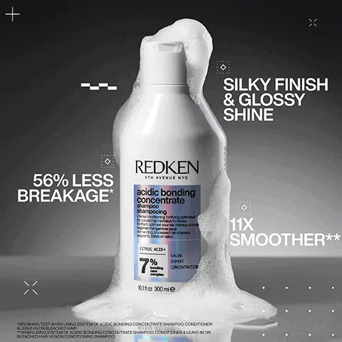Image 1 - A bottle of Redken Acidic Bonding Concentrate Shampoo is shown with a foamy texture around it, featuring text that reads 56% less breakage, 11x smoother, and silky finish & glossy shine.
Image 2 - A hair care product bottle with a flip-top cap showing a dollop of cream on the cap, with text stating 56% less breakage, 90% more conditioned, and 11X smoother.
Image 3 - An arrangement of creamy white textures with text that reads CITRIC ACID + BONDING CARE COMPLEX HELPS REPAIR BONDS + PREVENT FUTURE DAMAGE.
Image 4 - Image shows a comparison of hair before and after treatment, with the left side displaying frizzy and damaged hair labeled BEFORE and the right side showing smooth and sleek hair labeled AFTER ONE USE. Visible text includes *SYSTEM OF ACIDIC BONDING CONCENTRATE INTENSIVE TREATMENT, SHAMPOO, CONDITIONER & LEAVE-IN VS. UNDAMAGED HAIR.
Image 5 - Image shows the back view of a person with curly hair, split into two sections: the left side is labeled BEFORE showing dry, frizzy curls, and the right side is labeled AFTER ONE USE* displaying smoother, more defined curls; visible text at the bottom reads SYSTEM OF ACIDIC BONDING CONCENTRATE INTENSIVE TREATMENT, SHAMPOO, CONDITIONER & LEAVE IN VS. UNDAMAGED HAIR.
Image 6 - Two bottles of Redken hair products are shown; the larger bottle is labeled acidic bonding concentrate shampoo with a 7% citric acid content, and the smaller bottle is also labeled acidic bonding concentrate shampoo with an 11% citric acid content, accompanied by five stars and a review stating BEST I’VE EVER USED AND I’M A HAIRDRESSER, with a note about receiving the product from Marie Claire Beauty Drawer in August 2022.
Image 7 - A spray bottle of Redken One United multi-benefit leave-in conditioner is shown on a gradient background, with visible text emphasizing its benefits: 25 benefits, heat protection up to 230°C, and detangling.
Image 8 - Image shows a side-by-side comparison of a persons hair; on the left, the hair is curly and frizzy labeled BEFORE, and on the right, the hair is more defined and smooth labeled AFTER ONE UNITED + DIFFUSING.
Image 9 - An illustration of bubbles against a pink background with the text FORMULATED WITH COCONUT OIL & LACTIC ACID FOR HEALTHY FEELING HAIR.Image 10 - A woman with long, straight hair is applying a hair product to her locks while looking at the camera; visible text reads PRO TIP: APPLY TO MID-LENGTHS AND ENDS BEFORE YOU COMB OR BRUSH. IT WILL INSTANTLY HELP TO DETANGLE AS WELL AS LEAVING IT SOFT AND SHINY.
Image 11 - A hair product bottle labeled Redken One United, with a purple to blue gradient background and five stars above, features a testimonial that states the product is loved for its versatility and multipurpose use, and includes the note received for review from Marie Claire Beauty Drawer, Oct 2023.
Image 12 - A person holds a spray bottle of Redken One United leave-in treatment against a dark background, with a quote from Grace Mardon, hairstylist, stating that it protects, primes, and conditions hair, alongside her photo in a box on the left.