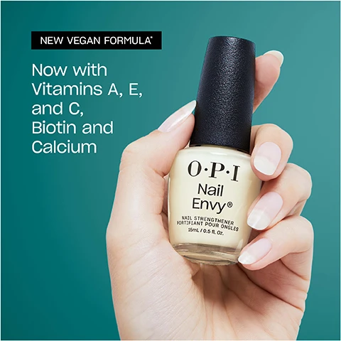 Image 1, new vegan formula. now with vitamins a, e and c, biotin and calcium. image 2, before and after. image 3, dream rou team. repair, apply 2 layers before you apply nail envy. strengthen - apply 2 coats then 1 coat daily for 6 days.