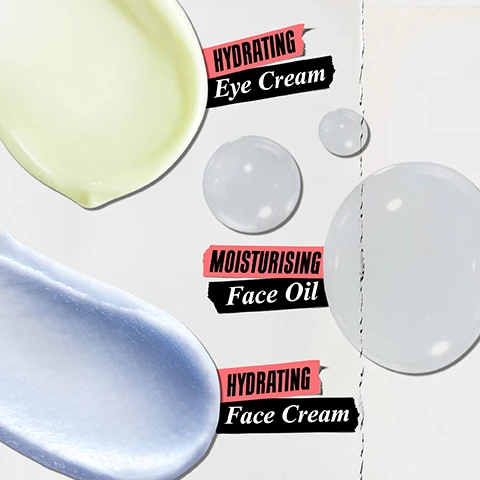 image 1, hydrating eye cream, moisturising face oil, hydrating face cream. image 2, visibly reduce fine lines and hydrate skin. image 3, our formula with - avocado oil, evening primrose oil, omega rich botanical blend. image 4, step 1 = visible reduce fine lines. step 2 = depuff eye area. step 3 = deeply hydrate.
