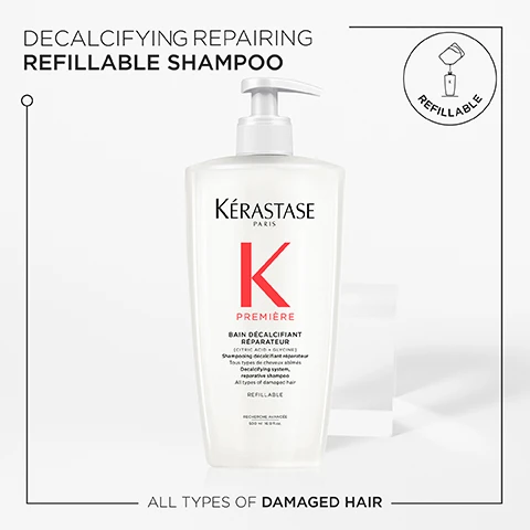 image 1, decalcifying repairing refillable shampoo. all types of damaged hair. image 2, restorees hairs original strength. dual action repair haircare. frees hair from build up that leads to breakage. helps reconnect broken keratin. image 3, before and after. image 3, glycine, citric acid.