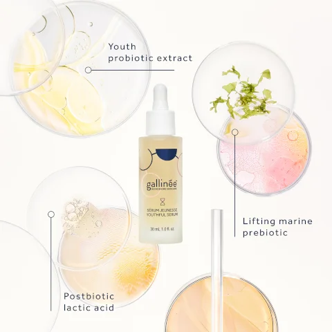 Youth probiotic extract Postbiotic lactic acid gallinée MICROBIOME SKINCARE 8 SÉRUM JEUNESSE YOUTHFUL SERUM 30 mL 1.0 fl. oz. Lifting marine prebiotic