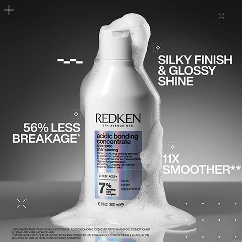 Image 1, silky finish and glossy shine. 56% less breakage. 11 times smoother. image 2, 56% less breakage. 90% more conditioned. 11 times smoother. image 3, combats 1 year of visible damage in 1 use. 78% less visible split ends. heat protection up to 230 degrees. image 4, reinforce weak bonds. damaged bond vs repaired bond. image 5, before and after one use. image 6, best i've ever used and i'm a hairdresser - received the product to try from marie claire beauty drawer, august 2022. image 7, damaged repair for chemically treated hair. 1 = shampoo. 2 = condition. 3 = protect and leave in. image 8, best i've ever used and i'm a hairdresser - received the product to try from marie claire beauty drawer, august 2022. image 9, citric acid and bonding care complex helps repair bonds and prevent future damage.
