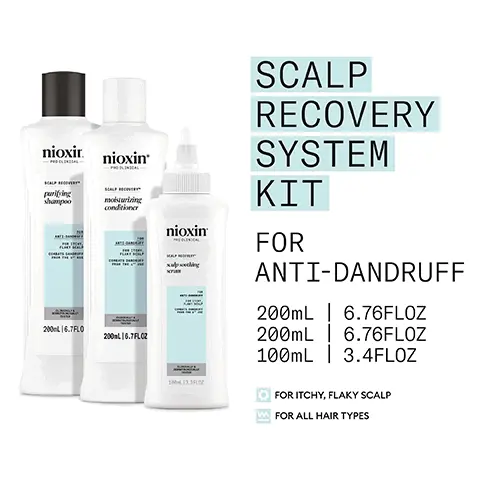 Image 1 - Image of a Nioxin Scalp Recovery System Kit for anti-dandruff, featuring three bottles: a purifying shampoo, a moisturizing conditioner, and a scalp soothing serum, with visible text indicating their sizes and purpose for itchy, flaky scalp.
Image 2 - Three hair care products from the Nioxin Scalp Recovery System Kit are displayed against a light blue background, with the text COMBATS DANDRUFF and AFTER THE 1ST USE prominently featured.
Image 3 - A woman with long, wavy hair is holding a hairbrush while looking over her shoulder, with text indicating the product is for anti-dandruff, specifically for itchy and flaky scalp, and stating it is clinically and dermatologically tested.
Image 4 - Image showing two Nioxin hair care products next to a womans shoulder, with a sidebar labeled HOW TO USE detailing three steps: 1. Massage on wet scalp and hair, rinse, repeat if desired; 2. Apply to wet scalp and hair, leave for 1-3 minutes, rinse well; 3. Apply directly to the scalp, after using the Purifying Cleanser and Moisturising Conditioner.
Image 5 - A graphic featuring three sections: the top section describes Mentha Arvensis Leaf Oil and its benefits for the scalp, the middle section discusses Peppermint Oils role in regulating sebum production, and the bottom section explains Niacinamides effects on hair and scalp health, with each section visually accompanied by colored backgrounds and water droplets.
Image 6 - Image shows three hair care products with creamy textures on a light blue background: 1 NIOXIN SCALP RECOVERY PURIFYING SHAMPOO Cleanses gently yet effectively while soothing the scalp immediately, 2 NIOXIN SCALP RECOVERY MOISTURISING CONDITIONER Leaves hair feeling nourished, while providing comfort to the scalp, 3 NIOXIN SCALP RECOVERY SOOTHING SERUM Leave-on treatment that soothes the scalp immediately, while thickening each hair strand.
Image 7 - Image shows the Nioxin logo at the top, with the text NIOXIN GROWS RESULTS™ prominently displayed below, followed by the sentence Only Nioxin’s Advanced Scalp Science Can Target Hair Thinning and hair Loss for Proven Results You Can See and Feel.
Image 8 - Image shows two packs of hair care products side by side, the left displaying an old design labeled Old and the right showing a new design labeled New, with text above reading NEW LOOK same great formula.
Image 9 - Image shows a product display for Nioxin hair care with three bottles labeled as purifying shampoo, moisturizing conditioner, and scalp soothing serum, accompanied by a list of ingredients for each product, with the title INGREDIENTS at the top.