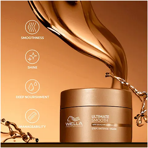 Image 1 - A golden jar of Wella Professionals Ultimate Smooth hair mask with flowing cream above it, featuring icons and text for smoothness, shine, deep nourishment, and manageability, labeled as STEP 2 INTENSE MASK.
Image 2 - Image of a segmented hair strand showing the effects of patented technology with squalane and omega 9, labeled with OUTSIDE Creates a protective barrier and INSIDE It deeply nourishes the hair.
Image 3 - Image shows four Wella hair care products labeled as part of an Ultimate Smooth routine designed to fight frizzy, dry, and dull hair, with visible text: ULTIMATE SMOOTH, ROUTINE TO FIGHT FRIZZY, DRY & DULL HAIR, 01. CLEAN, 02. CONDITION, 03. TREAT.
Image 4 - Image shows a collection of Wella hair care products on a golden background, with text that reads UP TO 85% SMOOTHER HAIR, 96 HOURS FRIZZ CONTROL, and SILKY SHINE.
Image 5 - A creamy white cosmetic mask is shown against a light backdrop, with the text Ultimate Smooth Mask above and Rich Nourishing Texture below.
Image 6 - A bottle of Wella Ultimate Smooth hair treatment, resting on a cream-colored surface with drops of the product nearby, features labels indicating it is dermatologically tested, suitable for coloured hair, and offers UV and heat protection.