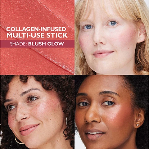Image 1 - A collage featuring three women showcasing the effects of a coral-colored multi-use stick labeled Collagen-Infused Multi-Use Stick, Shade: Blush Glow with a textured background.
Image 2 - Image shows three stick products labeled as Peter Thomas Roth Instant Firm Collagen Bounce Stick in silver packaging against a pink background, with text stating CLINICALLY PROVEN to improve the look of elasticity instantly and over time.* and a note at the bottom mentioning *Based on a 1-week clinically measured study on 28 women ranging in age from 32 to 65.
Image 3 - Image of skincare products including a stick labeled Instant Fifty Collagen Bounce Stick with a silver container, alongside descriptions highlighting ingredients such as 10% collagen complex, peptides, and hyaluronic acid filling spheres, with details about their benefits for skin appearance and hydration.
Image 4 - A woman with long, dark hair in a bun holds a blush stick next to her cheek, wearing a pink top and displaying a rosy blush on her cheeks, with text that reads Emira wears BLUSH GLOW for a rosy flush.
Image 5 - Image shows three multi-use skincare sticks with silver packaging, featuring shades in cream, bronze, and pink with text stating clinically stronger skin care in a multi-use stick, instant hydration, bounce & glow, long-term firming & elasticity results, and 3 universal buildable shades.
Image 6 - An image of three horizontal swatches of cosmetics in varying colors: a creamy white, a rich brown, and a bright pink, with text that reads 3 UNIVERSAL SHADES buildable, radiant finish on all skin tones.
Image 7 - A woman with long brown hair is smiling and holding three skincare stick products against a pink background, with the text BOOST YOUR BOUNCE displayed prominently.
Image 8 - A person with curly hair smiles while holding a skincare product near their face, with descriptive text next to them highlighting the benefits of the product: Skin care first. Clinical firming and plumping, plus color and glow. Soft balmy texture. When applying, only light pressure is needed—the formula effortlessly melts into skin due to a high level of skin care ingredients. Over 2x more product than the average stick. Twist up a small amount at a time (not the whole stick!) to avoid breakage.