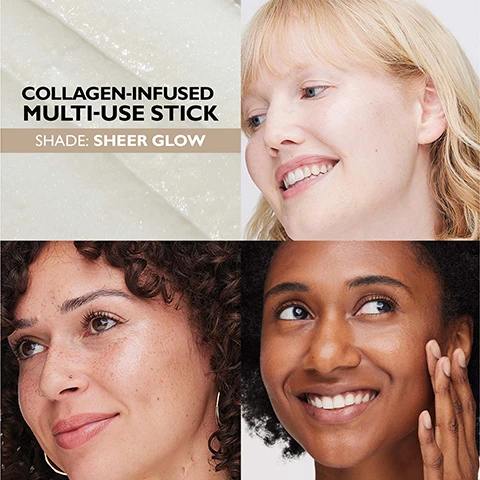 Image 1 - Image showing three women with diverse skin tones showcasing a beauty product; a label reads COLLAGEN-INFUSED MULTI-USE STICK, SHADE: SHEER GLOW, with a background of a white textured surface.
Image 2 - Three silver cylindrical skincare products are stacked on a light background, with the top stick showing a beige tip, the middle stick labeled INSTANT FIRM COLLAGEN BOUNCE STICK, and the bottom stick showing a reddish tip, accompanied by text that reads CLINICALLY PROVEN to improve the look of elasticity instantly and over time.* and a note about the study on the bottom.
Image 3 - Image shows several cosmetic stick products in silver packaging with descriptions beside them, including 10% COLLAGEN COMPLEX, PEPTIDES, and HYALURONIC ACID FILLING SPHERES, along with benefits like high-potency plumper, smooth skin appearance, and long-lasting moisture.
Image 4 - A woman with long, glossy hair smiles while holding a highlighting stick and wearing a white sweater, with the text Emira wears SHEER GLOW for highlighting.
Image 5 - Image showing three multi-use skincare sticks with silver packaging placed in a slightly angled group on a gray background; visible text includes CLINICALLY STRONGER SKIN CARE IN A MULTI-USE STICK Instant hydration, bounce & glow Long-term firming & elasticity results 3 universal buildable shades.
Image 6 - A close-up image showing three swatches of colorful makeup in shades of white, brown, and pink, with the text 3 UNIVERSAL SHADES buildable, radiant finish on all skin tones.
Image 7 - A smiling woman with long, dark hair holds three skincare stick products against a pink background, with the text BOOST YOUR BOUNCE displayed prominently below.
Image 8 - A woman with curly hair smiles while holding a skincare product next to her face, with text alongside her stating skin care first, soft balmy texture, and over 2x more product than the average stick.