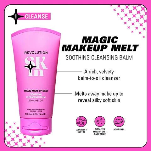 Image 1 - A pink tube of Revolution Magic Makeup Melt Soothing Cleansing Balm, labeled with Magic Makeup Melt and Soothing Cleansing Balm, features a description stating it is a rich, velvety balm-to-oil cleanser that melts away makeup to reveal silky soft skin, along with icons indicating it cleanses, soothes, dissolves makeup and SPF, and nourishes.
Image 2 - Image shows two cleansing balms side by side; the left one has a white tube with a beige and brown label reading HYDRATE and SQUALANE & OAT CLEANSING BALM, while the right one features a pink tube labeled MAGIC MAKE UP MELT SOOTHING CLEANSING BALM and SQUALANE - OAT, with text above stating WEVE HAD A GLOW UP and below stating NEW LOOK. SAME INCREDIBLE FORMULA.
Image 3 - Four sets of skincare products are displayed on a colorful background, with labels for each set: Be Bright with glow-boosting formulas for brighter skin, Happy Hydrate with skin-quenching formulas to hydrate, Clearly Clarify with expert formulas for blemish-prone skin, and Go Gentle with soothing formulas for barrier support.