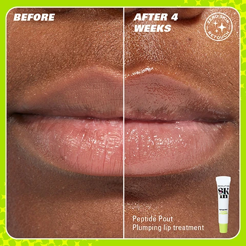 Image 1 - Image showing a close-up of lips divided into two sections labeled Before and After 4 Weeks, demonstrating a noticeable improvement in lip fullness and shine, with a small tube of Peptide Pout Plumping Lip Treatment visible on the right side.
Image 2 - Image shows a comparison of two lip treatment products; on the left, a pink tube labeled Peptide Pout Lip Treatment with the word Revolution, and on the right, a white tube labeled Revolution Skin Peptide Pout Plumping Treatment, both with text at the top reading WEVE HAD A GLOW UP! and text at the bottom stating NEW LOOK. SAME INCREDIBLE FORMULA.