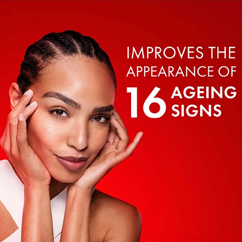 Image 1 - A woman with braided hair is holding her face, smiling, against a red background with the text improves the appearance of 16 ageing signs.
Image 2 - Three bottles of Vichy Liftactiv Collagen Specialist serum are shown against a bright red background, with a light pink liquid dripping from the top bottle, and the visible text reads QUICK ABSORPTION NON-GREASY TEXTURE.
Image 3 - A clear bottle of Vichy Collagen Specialist bonding serum sits against a red background, with a dropper releasing a drop of liquid; visible text includes Hypoallergenic Formula and Designed for Sensitive Skin.
Image 4 - A textured red background features the text CO-BONDING TECHNOLOGY at the top, followed by RHAMNOSE, COLLAGEN PEPTIDES, and MAITAKE, with MINIMISE THE LOOK OF WRINKLES & ENHANCE PLUMPNESS at the bottom.
Image 5 - A young woman with a pale complexion holds a red serum bottle near her face while looking at the camera, with instructions on how to use the product to her right that read STEP 1: MORNING & EVENING, SQUEEZE A FEW DROPS INTO YOUR HANDS and STEP 2: AVOIDING THE EYE AREA, APPLY ON CLEAN & DRY FACE alongside the product name LIFTACTIV COLLAGEN SPECIALIST 16 BONDING SERUM at the top.
Image 6 - Three Vichy skincare products are displayed against a red background, featuring a dropper bottle labeled VICHY LIFTACTIV COLLAGEN SPECIALIST 16 BONDING SERUM, a cream jar labeled VICHY LIFTACTIV COLLAGEN SPECIALIST 16 DAY, and a tube labeled VICHY LIFTACTIV COLLAGEN SPECIALIST 16 EYE CARE, with the text COMPLETE YOUR COLLAGEN SPECIALIST 16 PROTOCOL and the steps STEP 1 BOOST, STEP 2 CORRECT, and STEP 3 TARGET visible.