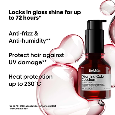 Image 1 - An image of a bottle of LOréal Professionnels Vitamino Color Spectrum hair serum surrounded by colorful, translucent bubbles with promotional text highlighting benefits such as locks in glass shine for up to 72 hours, anti-frizz and anti-humidity, UV protection for hair, and heat protection up to 230°C.
Image 2 - A woman with long, vibrant red hair is styled dramatically against a black background, with text highlighting five color dimensions: Shine: High Glass shine, Rich, vibrant colours, Contrast: Optimal perception between multiple shades, Tone: Helps neutralise unwanted reflects, Brightness: Level of brightness and darkness are well preserved.
Image 3 - A colorful, fluid abstract shape with a dark background, featuring the text 5% Alpha-silane Locks in glass shine and additional text Inside the fiber. Protective layer activated by heat. *Up to 72H after application, instrumental test.
Image 4 - The image shows two side-by-side comparisons of hair transformations labeled Before and After, featuring long pink hair and curly blonde hair on the top, and wavy dark red hair with hair care products displayed on the bottom right, with visible text reading Not retouched and Vitamina Color Spectrum.
Image 5 - Image shows three hair care products from LOréal Professionnel Paris labeled Vitameino Color Spectrum, including a shampoo, a mask, and a serum, with text stating The anti-fading professional routine, 01 Cleanse, 02 Moisturise, and 03 Shine.
Image 6 - A person with short hair, wearing a sleeveless black shirt, sits in a chair while looking at the camera, with the text that reads Pro favorites, Innovative. Versatile. Hair looks shiny & less frizzy, @lucasdioslo, Lucas di Oslo.