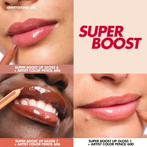 Image 1 - A split image showcasing two lips with different shades of lip gloss, the top left labeled UNTOUCHED LIPS, the top right stating SUPER BOOST, and the bottom left and right labeled SUPER BOOST LIP GLOSS 7 + ARTIST COLOR PENCIL 608 and SUPER BOOST LIP GLOSS 1 + ARTIST COLOR PENCIL 600, respectively.