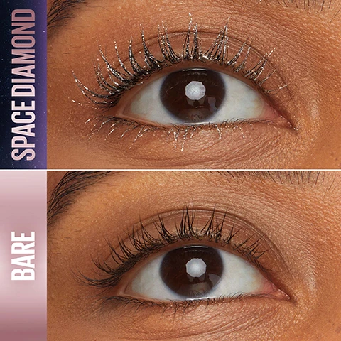 Image 1 - The image shows two close-up views of an eye; the top eye has enhanced eyelashes with a sparkly effect labeled SPACE DIAMOND, while the bottom eye has natural, bare eyelashes labeled BARE.
Image 2 - A close-up of an eye with sparkly mascara applied to the eyelashes, as a clear applicator brush is used to coat the lashes, with visible text that reads SPARKLE TOP COAT.
Image 3 - Image shows a pink, spiky mascara brush positioned above a cityscape viewed from space, with the text FLEX TOWER BRUSH displayed boldly above the brush.
Image 4 - A woman with long, straight hair and glossy lips gazes upward, wearing a shiny silver collar and surrounded by a starry background, with text beside her that reads LIMITLESS DIMENSION + SPARKLE, WEIGHTLESS LASH FEEL, and FLEX TOWER BRUSH.