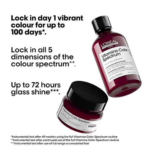 Image 1 - Image shows LOréal Professionnel products including a shampoo bottle and a treatment jar, with text highlighting benefits: Lock in day 1 vibrant colour for up to 100 days, Lock in all 5 dimensions of the colour spectrum, and Up to 72 hours glass shine.
Image 2 - Image features a bottle of LOréal Professionnels Vitamino Color Spectrum hair serum with colorful bubbles surrounding it, text highlights benefits such as protecting hair against UV damage, anti-frizz, and heat protection up to 230°C.
Image 3 - A woman with long, shiny, vibrant hair is shown against a black background, with text outlining five color dimensions: 01 Shine: High Glass shine, 02 Rich, vibrant colours, 03 Contrast: Optimal perception between multiple shades, 04 Tone: Helps neutralise unwanted reflects, 05 Brightness: Level of brightness and darkness are well preserved, followed by a note about instrumental tests.
Image 4 - A colorful abstract image of a swirling liquid, featuring the text THE TECH Ferulic Acid + Citric Acid 2,5% Locks dyes into the fiber*. with a footnote stating *With full Vitamino Color Spectrum system.
Image 5 - A comparison image showing two sets of hair transformations labeled Before and After, featuring straight vibrant pink hair and curly blonde hair, along with hair products below and the text Vitamino Color Spectrum for all colored hair.
Image 6 - Image shows three hair care products from LOréal Professionnel Paris with visible text that reads The anti-fading professional routine, along with numbered steps for product use: 01 Cleanse, 02 Moisturise, and 03 Shine.
Image 7 - A smiling person with short hair stands with their arms crossed, wearing a black t-shirt; the image includes the text Pro favorites. Instant transformation. Hair looks luminous, shiny, strong & moisturized. @marlonjhawkins Marlon Hawkins.
Image 8 - An artistic arrangement of citrus fruits, vibrant red flowers, and wooden elements, with visible text reading The fragrance, Citrus notes, Rose, Crunchy rhubarb, and Creamy sandalwood.
