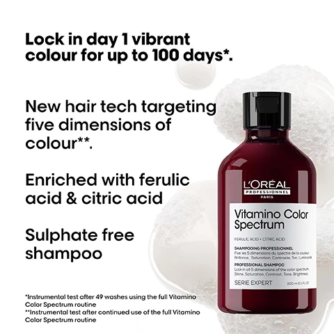 Image 1 - Image of a bottle of LOréal Professionnel Vitamin Color Spectrum shampoo, featuring a dark red container with a black cap and label, alongside text describing the products benefits and ingredients. The visible text reads: Lock in day 1 vibrant colour for up to 100 days*. New hair tech targeting five dimensions of colour**. Enriched with ferulic acid & citric acid. Sulphate free shampoo. *Instrumental test after 49 washes using the full Vitamino Color Spectrum routine **Instrumental test after continued use of the full Vitamino Color Spectrum routine.
Image 2 - A promotional image featuring a jar of Vitaminino Color Spectrum professional hair mask with white foam around it, displaying text that includes Comes with our FREE mini mask, Up to 72 hours glass shine**, and Up to +44% smoother hair*** along with additional notes at the bottom regarding the product benefits and testing.
Image 3 - A profile image of a woman with long, flowing, vibrant red hair set against a black background, accompanied by text highlighting the proven efficacy on five color dimensions: 01 Shine: High Glass shine, 02 Rich, vibrant colours, 03 Contrast: Optimal perception between multiple shades, 04 Tone: Helps neutralise unwanted reflects, 05 Brightness: Level of brightness and darkness are well preserved.
Image 4 - A colorful, abstract spherical shape with swirling patterns in orange, pink, purple, and green is set against a black background, accompanied by the text Ferulic Acid + Citric Acid Locks dyes inside the fiber* with the note *With full Vitamino Color Spectrum system.
Image 5 - The image shows four examples of hair transformations labeled Before and After, with the top section displaying a long, straight, vibrant pink hair and curly blonde hair, and the bottom section showing wavy, dark red hair, all complemented by the text Vitamin Color Spectrum for all colored hair and various hair product bottles and tubes.
Image 6 - Image shows three hair care products from LOreal Professional, including a shampoo bottle, a conditioning mask, and a serum, with the text The anti-fading professional routine and the steps 01 Cleanse. 02 Moisturise. 03 Shine.
Image 7 - A smiling person with short hair is wearing a black shirt and standing with arms crossed, with the text Pro favorites. Instant transformation. Hair looks luminous, shiny, strong & moisturized. @marlonjhawkins Marlon Hawkins. displayed alongside.
