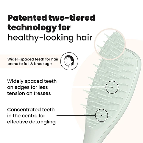 Image 2 - A light green detangling hairbrush is displayed with a magnified view of its two-tiered teeth, along with explanatory text that reads: Patented two-tiered technology for healthy-looking hair, Wider-spaced teeth for hair prone to fall & breakage, Widely spaced teeth on edges for less tension on tresses, Concentrated teeth in the centre for effective detangling. Image 3 - A woman brushes her dark hair with a light green wide-toothed brush, with text that reads Wider-spaced teeth to minimise hair fall and breakage. Image 4 - A light green hairbrush is shown next to four features describing its benefits: Fewer teeth for extra-gentle brushing, Less tension to minimise breakage, Safe for wet & dry hair, Effective & extra-gentle detangling. Image 6 - A split image shows a brown hairbrush full of tangled hair on the left labeled Other brushes, and a green hairbrush with minimal hair on the right labeled The Ultimate Detangler Extra Gentle, alongside text stating 77% experienced less hair fall and breakage* and 79% noticed less hair in the brush vs. their normal brush*, with a footnote *219 UK & US female respondents after 2 weeks (2025).