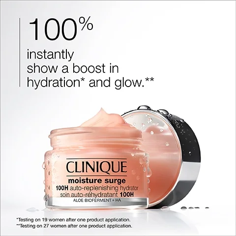 Image 1 - A jar of Clinique Moisture Surge 100H auto-replenishing hydrator with a lid slightly open, showing a pink cream inside, alongside text stating 100% instantly show a boost in hydration and glow.