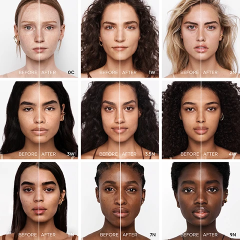 Image 1 - A grid of six faces showing before and after images; the left side of each face is labeled BEFORE and the right side is labeled AFTER, with various numeric and letter codes below the images including 0C, 1W, 2N, 3W, 3.5N, 4W, 5N, 7N, and 9N.
Image 2 - Two bottles of Guerlain Terracotta Le Teint Glow foundation are shown with a brown fluid backdrop, featuring text that states 2X MORE RADIANCE, 24H RADIANCE & PLUMPNESS, and 48H HYDRATION & SKIN-BARRIER PRESERVATION.
Image 3 - A collection of foundation bottles in various shades is displayed, with labels reading TERRACOTTA and LE TEINT GLOW, and the text A TAILOR-MADE RESULT DESIGNED FOR ALL SKIN TONES above.
Image 4 - Image shows two bottles of Guerlain Terracotta foundation products with a creamy texture swatched beside them, labeled Luminous Matte and Healthy Glow, and visible text includes POWDER MEETS FOUNDATION, HIGH PERFECTION, MAKEUP MEETS SKINCARE, 48H HYDRATION, and 2X MORE RADIANCE.
Image 5 - A bottle of Guerlain Terracotta Le Teint Glow foundation is next to a bronzer compact with a patterned surface, both set against a soft background with the text A RADIANT HEALTHY GLOW ALL YEAR LONG.
Image 6 - A circular arrangement of various foundation bottles with different skin tones surrounds the text that reads 95% NATURAL ORIGIN.