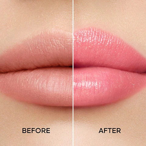 Image 1 - Image showing a close-up view of lips with a before-and-after comparison; the left side features bare, dry lips labeled BEFORE, while the right side displays full, glossy pink lips labeled AFTER.
Image 2 - A close-up image of a pair of lips with a noticeable contrast between the left side showing dry, matte lips labeled BEFORE and the right side displaying glossy, moisturized lips labeled AFTER.
Image 3 - Image showing three sections of lips: the left section displays bare lips, the middle section shows lips with a glow finish, and the right section features lips with a pearly finish, with visible text stating BARE LIPS, GLOW FINISH, and PEARLY FINISH.
Image 4 - A close-up image of a lip balm with a shimmering pink lip product in a gold case, surrounded by colorful flowers, with the text 98% NATURAL-ORIGIN INGREDIENTS, PROPOLIS & HYALURONIC ACID SOFTEN & PLUMP LIPS, HONEY SOOTHING EFFECT & LONG-LASTING COMFORT, and BEESWAX ENSURES A SENSORY GLIDE.
Image 5 - A collection of vibrant lipsticks in gold packaging is surrounded by colorful flowers, with the text A TAILOR-MADE SHADE REVIVING LIPS’ NATURAL HUE displayed above.