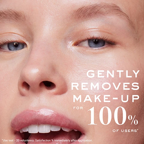 Image 2 - A close-up of a persons face with clear skin, blue eyes, and glossy lips, overlaid with text that reads GENTLY REMOVES MAKE-UP FOR 100% OF USERS and *Use test - 20 volunteers. Satisfaction % immediately after application. Image 4 - Four Nuxe Very Rose pink cleansing products are displayed against themed backgrounds, titled Micellar Water, Cleansing Oil, Creamy Cleansing Milk, and Light Cleansing Foam, with corresponding benefits below: Express Makeup Remover, Removes Waterproof Makeup, Gently Removes Makeup, and Gently Cleanses & Purifies in a Rinse Off Formula.