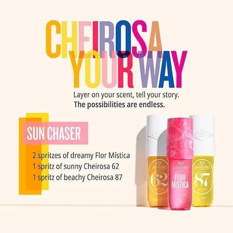 Image 1 - A colorful graphic promoting scent layering with the text CHEIrosa YOUR WAY at the top, a subtitle Layer on your scent, tell your story. The possibilities are endless, and a section titled SUN CHASER listing ingredients: 2 spritzes of dreamy Flor Mística, 1 spritz of sunny Cheirosa 62, 1 spritz of beachy Cheirosa 87, accompanied by images of the fragrance bottles.