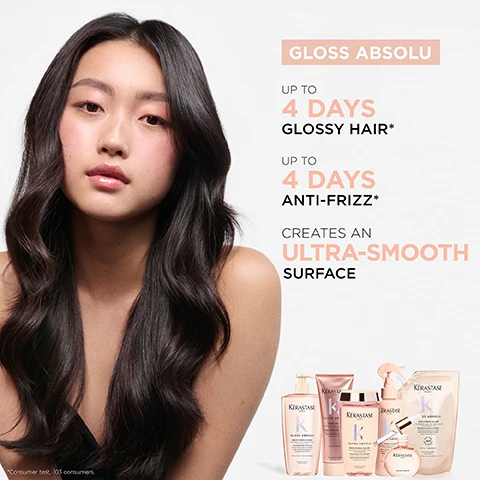 Image 2 - A woman with long, wavy dark hair is facing the camera with a natural expression, while on the right, product information includes GLOSS ABSOLU, UP TO 4 DAYS GLOSSY HAIR*, UP TO 4 DAYS ANTI-FRIZZ*, CREATES AN ULTRA-SMOOTH SURFACE, and a display of Kerastase products.
Image 3 - Image shows four side-by-side comparisons of hair before and after treatment, with the words BEFORE and AFTER prominently displayed above each image, and a display of Kérastase Gloss Absolu hair care products at the bottom right.
Image 4 - Three test tubes are displayed, containing different colored liquids; the first tube labeled Hyaluronic Acid with the text Formula known to create a smoother surface, the second labeled Glycolic Acid with the text Formula known to seal cuticles for long lasting shine, and the third labeled Wild Rose in Oil with the text For a sensorial fragrance.
Image 5 - A smiling man with curly hair holds product bottles, featuring text that reads Gloss Absolu and THE PROFESSIONAL INSIDE HOVIG ETOYAN Global Professional Ambassador along with a quote about client needs and product benefits.