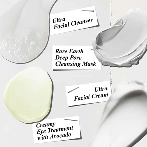 Image 1 - The image displays various skincare products, including a clear gel labeled Ultra Facial Cleanser, a greenish gel labeled Creamy Eye Treatment with Avocado, a white cream labeled Ultra Facial Cream, and a white mask labeled Rare Earth Deep Pore Cleansing Mask.
Image 2 - The image shows four close-up portraits of people applying skincare products, with text labels indicating PORE-CLEANSING Mask, HYDRATING Eye Cream, HYDRATING Moisturiser, and ENERGISING Facial Cleanser.
Image 3 - The image shows four skincare products from Kiehls arranged on a countertop, labeled as follows: STEP 1 Cleanse with Ultra Facial Cleanser, STEP 2 Moisturise with Ultra Facial Cream, STEP 3 Treat Eye with Creamy Eye Treatment, and STEP 4 Purify with Rare Earth Deep Pore Cleansing Masque.
Image 4 - Image shows an avocado with its seed, droplets of water, and a glass dish containing white powder, alongside a list that reads: Our Formula With: Squalane, Glycerin, Avocado Oil, Amazonian White Clay.
Image 5 - An image featuring drops of avocado oil on a light background with a green border, accompanied by text stating AVOCADO OIL Rich in essential fatty acids and Vitamins B and E to help hydrate & smooth the eye area.
Image 6 - An arrangement of Kiehls skincare products on a brown paper background, featuring a box with illustrations and text about skincare treatments, along with a tag reading Perfect for the skincare newbie in your life.