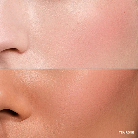 Image 1 - Image showing a close-up of two different skin tones on the cheeks, with the top blush shade appearing lighter and the bottom shade darker, labeled TEA ROSE at the bottom right.
Image 2 - A pink cream-to-powder blush is shown in a clear jar with a black lid, accompanied by text that says ALL DAY WEAR, 8-hour wear, Velvety whipped texture, Cream-to-powder formula, Easy-to-wear, skin-flattering shades, and Soft matte finish.
Image 3 - Image of a woman’s face shown in three sections: the first shows her skin without makeup labeled Before, the second shows her with a soft flushed look labeled Blur for a sheer flush, and the third displays her with a more vibrant blush labeled Build for a pop of color.
Image 4 - Image shows a comparison chart for blush options featuring two product images: a pink cream-to-powder formula labeled NEW POT ROUGE VELVET MATTE and a pink creamy formula labeled POT ROUGE, alongside descriptions of their textures, finishes, and shade ranges stating soft matte finish and dewy finish, with skin-enhancing shades for all noted for both products.
Image 5 - Three arms with various skin tones display swatches of 12 different matte lip colors, each labeled with a corresponding number from 1 to 12, with the text POT ROUGE VELVET MATTE above on the left side.
