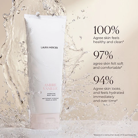 Image 1 - A tube of Laura Mercier Ambre Vanille hydrating body wash is surrounded by splashes of water, with percentages showing that 100% agree skin feels healthy and clean, 97% agree skin felt soft and comfortable, and 94% agree skin looks and feels hydrated immediately and over time.
Image 2 - An overhead view of a partially sliced plum, whole plums, and leaves, with text reading Softens While Moisturizing and Nourishing Skin Plum Seed Oils and Combats Effects of Stress and Free Radicals on Skin Olive Oil and Myrtle Leaf.