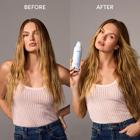 Image 1 - A woman with long, wavy hair is shown in two side-by-side images labeled BEFORE and AFTER, with the woman on the right holding a bottle of OUAI hair product.
Image 2 - A woman with long dark hair poses confidently holding a bottle of hair product above her forehead, wearing a black, sequined tank top, with text beside her stating SUPER ABSORBENT ABSORBS OIL, DIRT & SWEAT, SUPER INVISIBLE BLENDS SEAMLESSLY, and SUPER FRESH FRESH & INVIGORATING CAPE TOWN SCENT.
Image 3 - A light blue bottle of OUAI dry shampoo is surrounded by fresh herbs and plants, including ginger, green fig, tomato leaf, and wet grass, with the text FRESH & INVIGORATING CAPE TOWN FRAGRANCE and NOTES OF: WET GRASS, GINGER, GREEN FIG, TOMATO LEAF visible.
Image 4 - Image of two cans of OUAI super dry shampoo, one in a light pink labeled Melrose Place and another in light blue labeled Cape Town, with text indicating new and improved, along with percentages showing 94% said it effectively absorbed oil and 93% said it left hair looking clean and not greasy.
Image 5 - Four-panel tutorial image featuring a woman demonstrating hair care steps: Step 1 shows her with wet hair and the text SKIP THE SHOWER, Step 2 depicts her spraying product on dry hair with the text SHAKE WELL & SPRAY ON DRY HAIR 6-8 INCHES FROM ROOTS, Step 3 shows her using her fingers to distribute the product with the text USE YOUR FINGERS OR A BRUSH TO WORK IT ALL THE OUA IN, and Step 4 shows her with styled hair and the text USE BETWEEN WASH DAYS OR BLOWSOUTS TO STAY FEELING FRESH.
Image 6 - A hand is holding a light blue can of OUAI Super Dry Shampoo with visible text indicating its features, including Super Double Starch Blend helps to absorb oil, dirt & sweat, Cape Town Scent leaves hair feeling super fresh & clean, and product details at the bottom.
Image 7 - Image shows a close-up view of a persons hair, with the left side labeled BEFORE displaying wet hair and a visible scalp, and the right side labeled AFTER showing dry, shiny hair with a less noticeable scalp.