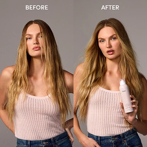 Image 1 - Image shows a side-by-side comparison of a womans hair with the left labeled BEFORE showing long, slightly dull hair and the right labeled AFTER showcasing shiny, healthier hair, with the woman holding a bottle of hair product labeled QUAI.
Image 2 - A woman with long blonde hair sprays a product onto her roots while wearing a light pink tank top, with text on the left side stating “SUPER ABSORBENT ABSORBS OIL, DIRT & SWEAT,” “SUPER INVISIBLE BLENDS SEAMLESSLY,” and “SUPER FRESH VELVETY-RICH & ROSY MELROSE PLACE SCENT.”
Image 3 - A bottle of OUAI Melrose Place fragrance dry shampoo is displayed surrounded by colorful flowers and fruits, with visible text reading VELVETY-RICH & ROSY MELROSE PLACE FRAGRANCE and NOTES OF: ROSE, FREESIA, BERGAMOT, LYCHEE, BERRY.
Image 4 - Two bottles of OUAI Super Dry Shampoo are displayed against a dark background; one bottle is a light pink labeled Melrose Place and the other is a light blue labeled Cape Town, with visible text stating SUPER NEW & IMPROVED, 94% SAID IT EFFECTIVELY ABSORBED OIL, and 93% SAID IT LEFT HAIR LOOKING CLEAN & NOT GREASY.
Image 5 - Four images showing a model demonstrating hair care steps: Step 1 shows the model with long hair, with the text SKIP THE SHOWER above; Step 2 shows her spraying hair with a product, with the text SHAKE WELL & SPRAY ON DRY HAIR 6-8 INCHES FROM ROOTS; Step 3 shows her using fingers to style her hair, with the text USE YOUR FINGERS OR A BRUSH TO WORK IT ALL THE QUI IN; Step 4 shows her holding the product, with the text USE BETWEEN WASH DAYS OR BLOWOUTS TO STAY FEELING FRESH.
Image 6 - A hand holding a spray can of OUAI Super Dry Shampoo with a light pink label, featuring text that includes SUPER DOUBLE STARCH BLEND HELPS TO ABSORB OIL, DIRT & SWEAT and MELROSE PLACE SCENT LEAVES HAIR FEELING SUPER FRESH & CLEAN.
Image 7 - Side-by-side comparison of a womans hair, showing the scalp before treatment on the left and after treatment on the right, with visible text BEFORE on the left and AFTER on the right.
