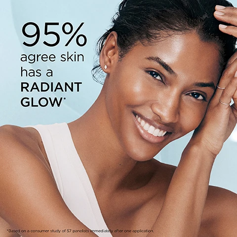 Image 1 - A smiling woman with dark, radiant skin looks directly at the camera, with the visible text 95% agree skin has a RADIANT GLOW* *Based on a consumer study of 57 panelists immediately after one application. Image 2 - A dollop of white cream is swiped across a light blue background, with the text Lightweight cream. Image 3 - A grid of four abstract light blue images, each with text: liquid drops and Phytoceramides nourish & strengthen; a sphere with bubbles and Exosomes support collagen & protein synthesis; smooth spheres and 5D HA visibly plumps with hydration; and a network of connected clear beads and 16K+ Signal Peptides boost collagen. Image 4 - An Elizabeth Arden cream jar stands on a light blue background with many transparent bubbles, with text reading Why HA + Peptides? Hyaluronic Acid plumps, Peptides firm, the key to plumper, bouncier skin. The jar label reads Elizabeth Arden NEW YORK HYALURONIC ACID + PEPTIDES Ceramide Hydra-Plumping Water Cream Aqua-Crème Hydratante Repulpante. Image 5 - A split image shows a womans face in profile, with a before image on the left displaying wrinkles and a less even skin tone, and an after image on the right showing smoother, more radiant skin; the visible text reads BEFORE, AFTER, Skin looks more radiant, firm & plump., and *Based on a consumer study of 57 panelists.