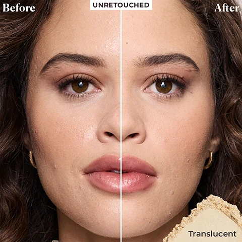 Image 1 - A split image of a womans face shows a before and after comparison of makeup application, with the left side displaying natural skin and the right side a smoother, more even complexion, and a pile of translucent powder in the bottom right corner. Before UNRETOUCHED After Translucent. Image 2 - A Laura Mercier translucent loose setting powder jar, puff, and pink gift box, along with two pink macarons and a stack of gold-rimmed plates, accompany text that reads Set for the Season, Hyaluronic Acid-infused, Sets makeup for 16HRs, Blurs texture and pores, and LAURA MERCIER. Image 3 - Close-up of a woman applying powder to her cheek with a white velour puff featuring a black Laura Mercier branded strap, with text reading Lauras Artistry Technique, Use a Velour Puff for Flawless Application, Right Dosage, Delivers the right amount of product onto skin for a natural finish, Melts Powder Into Skin, Becomes one with skin and sets makeup for 16HRS. Image 4 - A visual of five Laura Mercier products laid out for a face routine, with each product corresponding to a step: Your Flawless Face Routine, STEP 01 Prime Pure Canvas Primer Hydrating, STEP 02 Perfect Tinted Moisturizer Natural Dewy, STEP 03 Conceal Real Flawless Weightless Perfecting Concealer, STEP 04 Blur Translucent Loose Setting Powder Ultra-Blur, and STEP 05 Set and Refresh Translucent Hydrating Setting Spray Ultra-Blur.