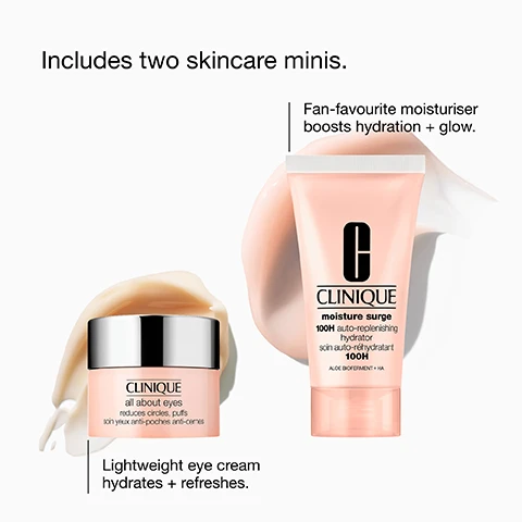 Image 4 - Two light peach Clinique skincare products, a jar of eye cream and a tube of moisturizer, are displayed with text that reads Includes two skincare minis, Lightweight eye cream hydrates + refreshes, Fan-favourite moisturiser boosts hydration + glow, Clinique all about eyes reduces circles, puffs soin yeux anti-poches anti-cernes, Clinique moisture surge 100H auto-replenishing hydrator soin auto-réhydratant 100H ALOE BIOFERMENT + HA. Image 7 - A flat lay image features a pink jar of Clinique eye cream and three clear dishes each holding a pile of powder, one orange, one pale yellow, and one brown, all arranged on a white background, accompanied by the visible text All About Eyes Eye Cream, Vitamin C, Caffeine, Whey Protein, and on the jar CLINIQUE all about eyes reduces circles, puffs soin yeux anti-poches anti-cernes. Image 8 - A product information graphic showing a pink Clinique tube, green and clear gel with an aloe leaf, orange powder, and yellow liquid, with accompanying text: Moisture Surge™ 100H Auto-Replenishing Hydrator, Aloe bioferment + hyaluronic acid help infuse skin with moisture and keep it in, Blend of vitamins C and E helps provide antioxidant protection against daily dehydrators.