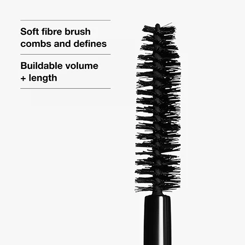 Image 1 - A close-up of a black mascara brush with text that reads Soft fibre brush combs and defines Buildable volume + length. Image 2 - A split image shows a close-up of an eye with natural lashes labeled Before, and the same eye with long, dark, and full lashes labeled After application.