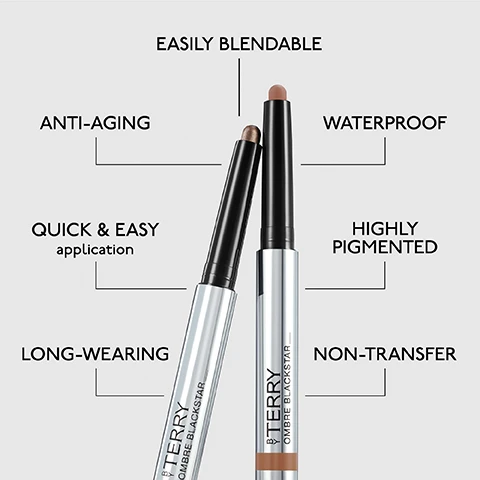 Image 4 - Two By Terry Ombre Blackstar eyeshadow sticks, one bronze and one nude, are displayed with text labels describing their features: Easily Blendable, Anti-Aging, Waterproof, Quick & Easy application, Highly Pigmented, Long-Wearing, and Non-Transfer. Image 5 - A three-step eye routine is shown with the title Your Perfect Eye Routine, featuring Step 1: Ombre Blackstar, a brown shimmery By Terry Ombre Blackstar eyeshadow stick with a swatch; Step 2: Crayon Blackstar, a dark brown By Terry Crayon Blackstar eyeliner pencil with a wavy swatch; and Step 3: Terrybly Mascara, a black By Terry Mascara Terrybly Waterproof with its wand and a brush stroke.