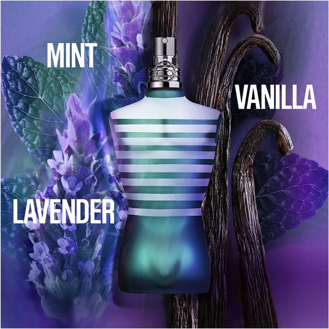 A perfume bottle shaped like a male torso with white and green stripes and a metallic cap is centered, surrounded by mint leaves, lavender flowers, and vanilla pods, with the words MINT, VANILLA, and LAVENDER displayed.