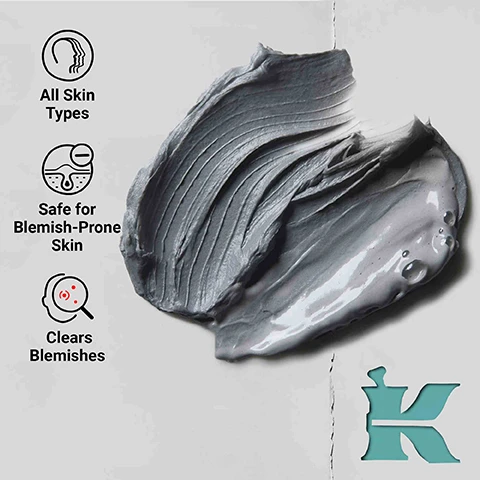 Image 1 - A grey facial mask product is swatched across the center, with three icons and text on the left stating All Skin Types, Safe for Blemish-Prone Skin, and Clears Blemishes, and a teal K logo in the bottom right corner. Image 2 - A Kiehls Gently Effective Blemish-Targeting Cleansing Paste tube is displayed on a teal background, with text beside it stating -49% Blemish Count in 1 Week* and the footnote *In a clinical study based on expert grading of inflammatory (papule & pustule) acne count in 1 week, while the product label reads SINCE 1851 KIEHLS DERMATOLOGIST SOLUTIONS GENTLY EFFECTIVE BLEMISH-TARGETING CLEANSING PASTE Medicated 2% Salicylic Acid Acne Treatment Clinically Demonstrated to Effectively Treat Acne Blemishes and Help Prevent New Breakouts While Cleansing Skin with Charcoal, Kaolin Clay and Cica Centella Non-Drying 4.2 fl. oz. - 125 ml. Image 3 - A white paper titled Our Ingredients displays three skincare components: a clear liquid for Salicylic Acid, a pile of dark grey powder for Charcoal, and a golden liquid drop with light green powder for Cica Centella, with descriptions for each. Image 4 - Before and after image of skin, with the top showing red, inflamed blemishes and the bottom showing visibly reduced blemishes, alongside the text before AFTER Visibly Reduces Blemish Count *Photos based on average results at 1 week. Image 5 - A womans face is divided into four sections illustrating different product applications: the left side shows a foamy cleanser, the top right shows a silver mask, and the bottom right shows small silver dots on her skin, with the text 3 WAYS TO USE, 1 TO CLEANSE, 2 AS A MASK, 3 ON THE SPOT. Image 6 - Three Kiehls Blemish-Targeting skincare products, a cleansing paste, a lotion, and a clearing solution, are arranged from left to right on a teal background as a three-step routine, with the visible text: KIEHLS DERMATOLOGIST SOLUTIONS GENTLY EFFECTIVE BLEMISH-TARGETING CLEANSING PASTE Medicated 2% Salicylic Acid Acne Treatment Clinically Demonstrated to Treat Active Blemishes and Help Prevent New Blemishes While Cleansing Skin with Charcoal, Kaolin Clay and Cica Centella Non-Drying 4.2 fl. oz. - 125 ml STEP 1 CLEANSE, KIEHLS DERMATOLOGIST SOLUTIONS EXPERTLY CLEAR BLEMISH-TREATING & PREVENTING LOTION 1.2% Salicylic Acid Acne Treatment Clinically Demonstrated to Treat Active Blemishes While Helping to Prevent New Blemishes From Forming with Postbiotic Lactobacillus Ferment and Glycerin Non-Drying & Non-Irritating 2.0 fl. oz. - 60 ml STEP 2 PREVENT, KIEHLS DERMATOLOGIST SOLUTIONS TRULY TARGETED BLEMISH-CLEARING SOLUTION Liquid Patch with 2% Salicylic Acid 4% Niacinamide & Lipo-Hydroxy Acid 0.5 fl. oz. - 15 ml STEP 3 SPOT TREAT.