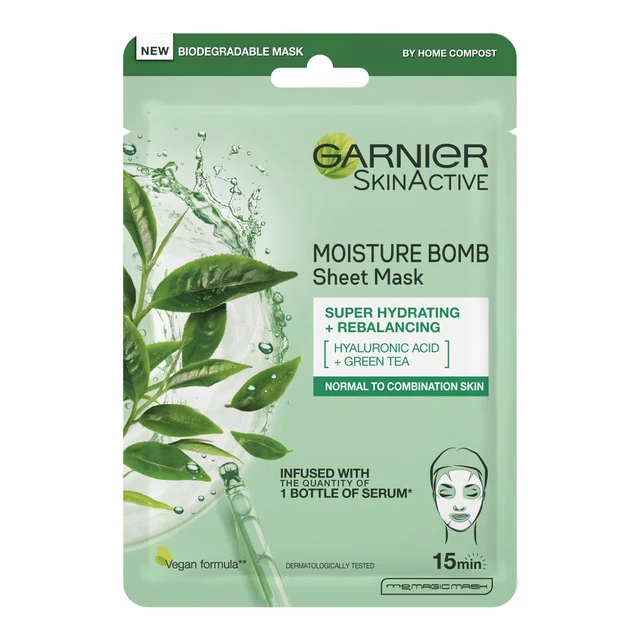 Garnier Moisture Bomb Grüner Tee Feuchtigkeitsspendende Gesichtstuchmaske für Mischhaut 32 g
